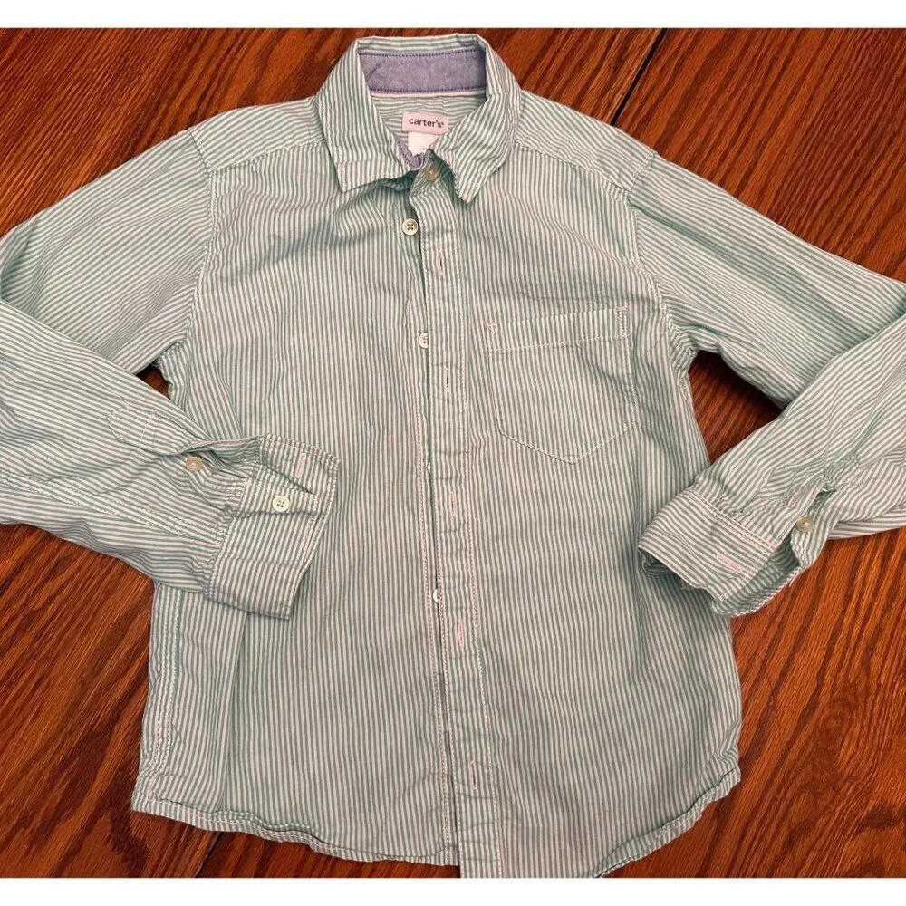 Carter's Green and White Vertical Striped Collared Button down dress shirt